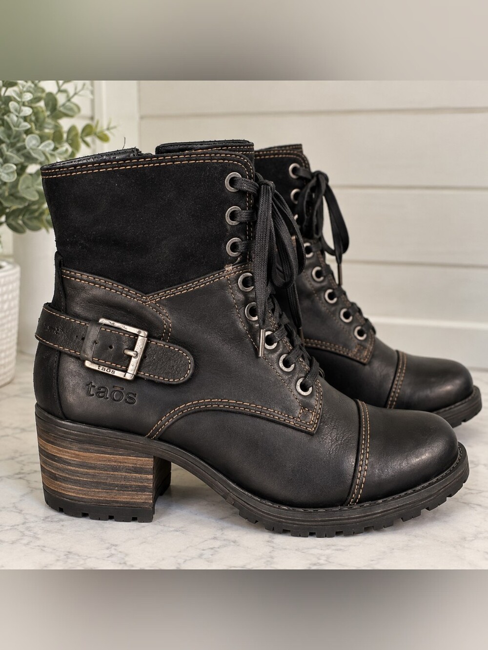 Taos Footwear Black Leather Ankle Boots With Wood Heel. Size 37 (6.5)